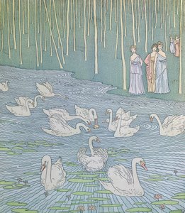 Nausicaa a její společníci si hrají s míčem, ilustrace z Knihy 6 Odyssey, přeložil Lecomte de lIsle, kolem roku 1900
